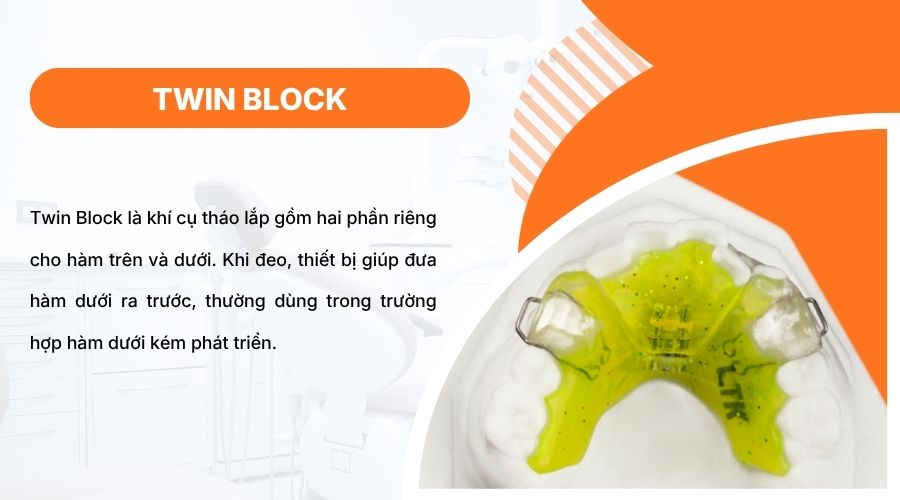 Twin Block gi&uacute;p đưa h&agrave;m dưới ra trước, hỗ trợ điều chỉnh khớp cắn ở trẻ em