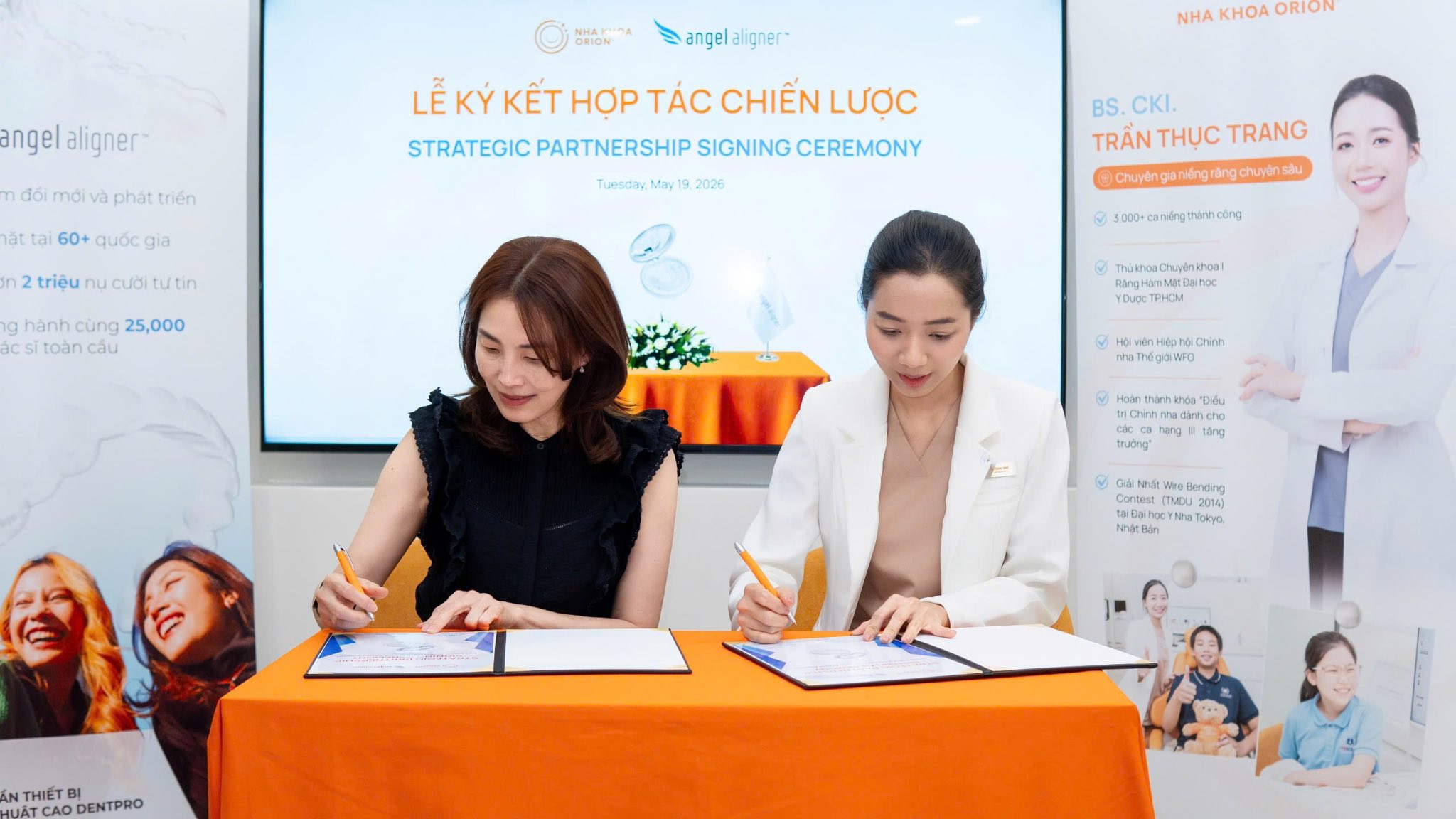 Đại diện Nha khoa Orion v&agrave; Angel Aligner thực hiện nghi thức k&yacute; kết hợp t&aacute;c chiến lược, đ&aacute;nh dấu bước ph&aacute;t triển mới trong dịch vụ niềng răng trong suốt.