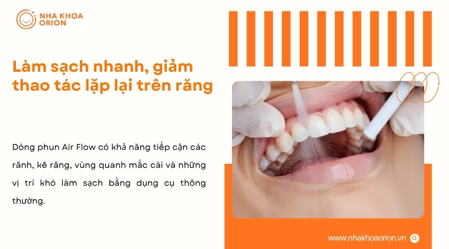 Dòng phun Air Flow tiếp cận nhiều vị trí, giúp giảm thao tác lặp lại trên răng
