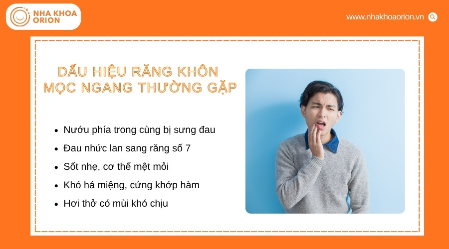 Răng kh&ocirc;n mọc ngang thường g&acirc;y đau nhức, sưng nướu v&agrave; kh&oacute; vệ sinh