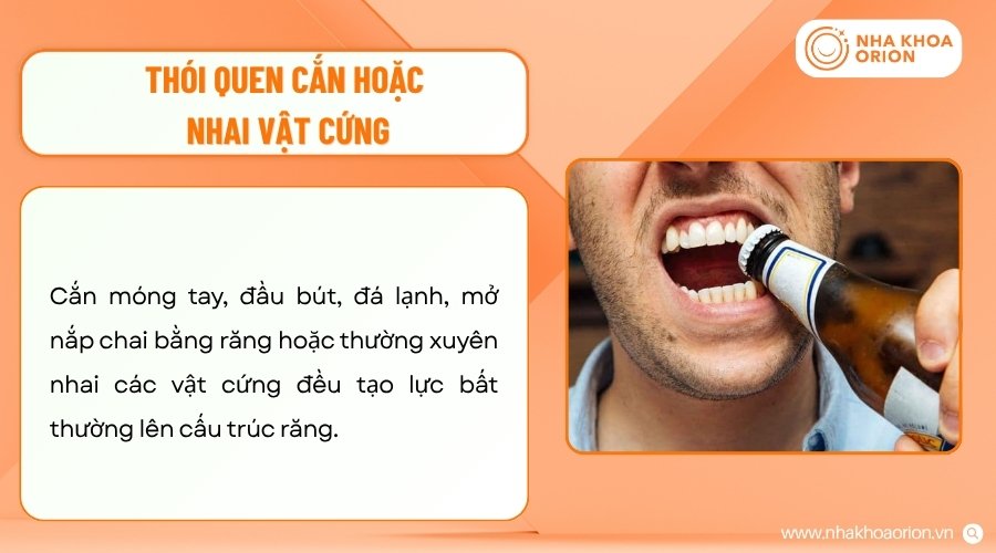 Cắn hoặc nhai vật cứng thường xuy&ecirc;n l&agrave;m tổn thương đến cấu tr&uacute;c răng